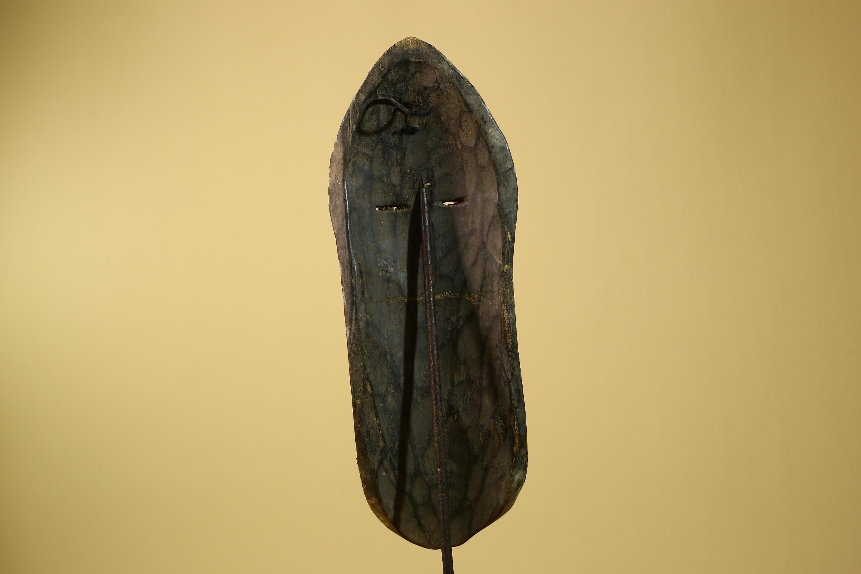 African Tribal Mask Carved Wood White Green Brown Stripe Pattern West Africa Art-G5962