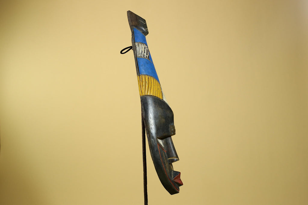 African Tribal Mask Carved Wood Blue Yellow Panels West Africa Art Decor-G5963