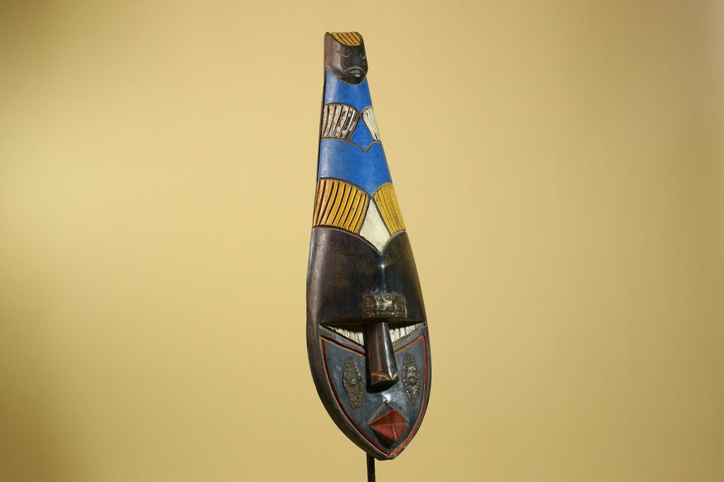 African Tribal Mask Carved Wood Blue Yellow Panels West Africa Art Decor-G5963