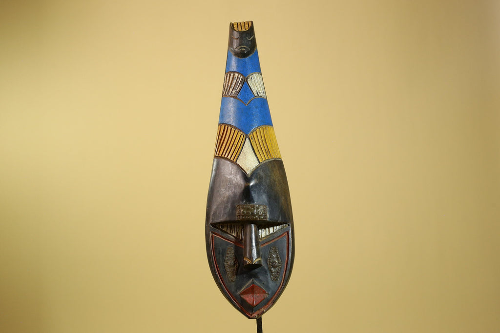 African Tribal Mask Carved Wood Blue Yellow Panels West Africa Art Decor-G5963