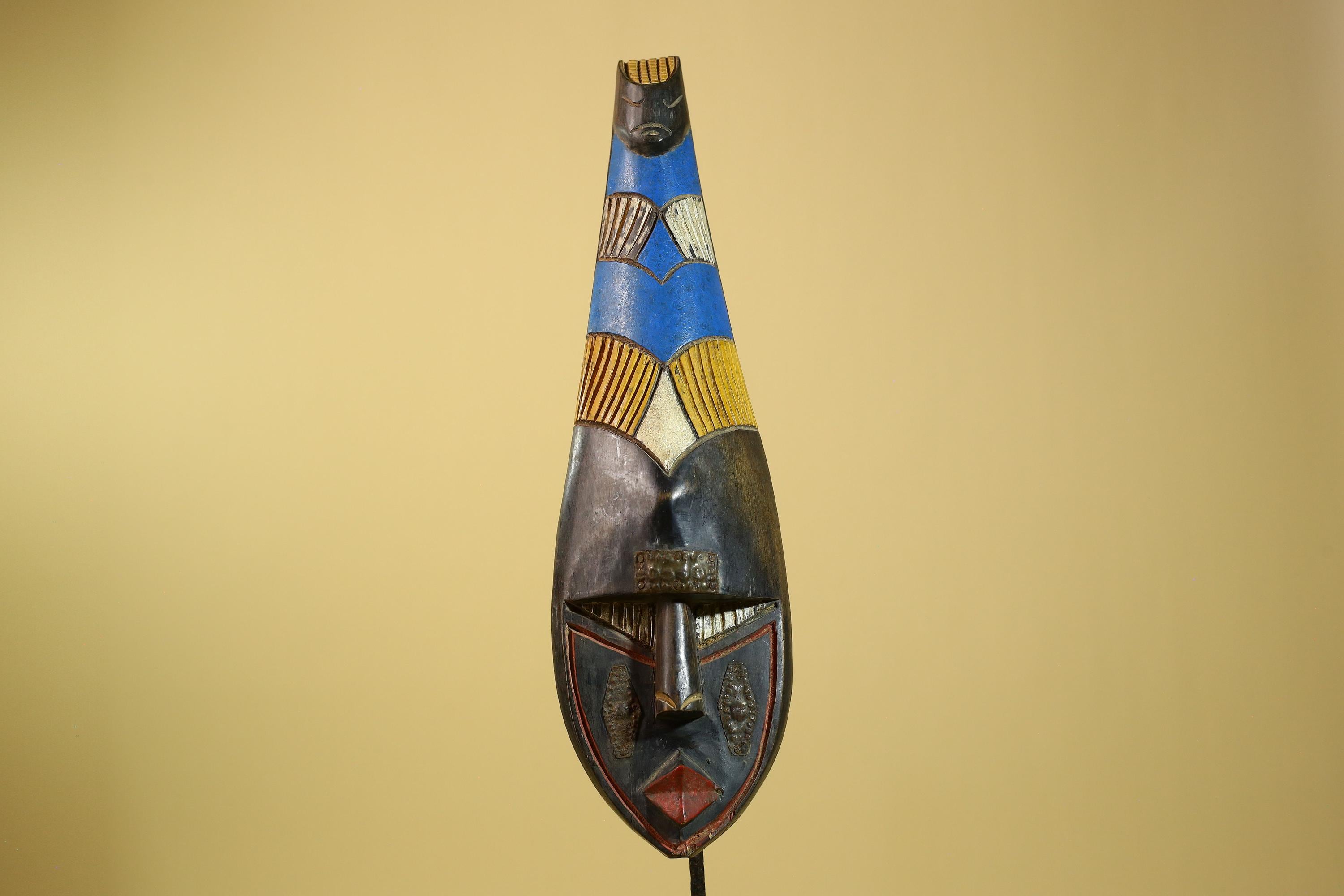 African Tribal Mask Carved Wood Blue Yellow Panels West Africa Art Decor-G5963