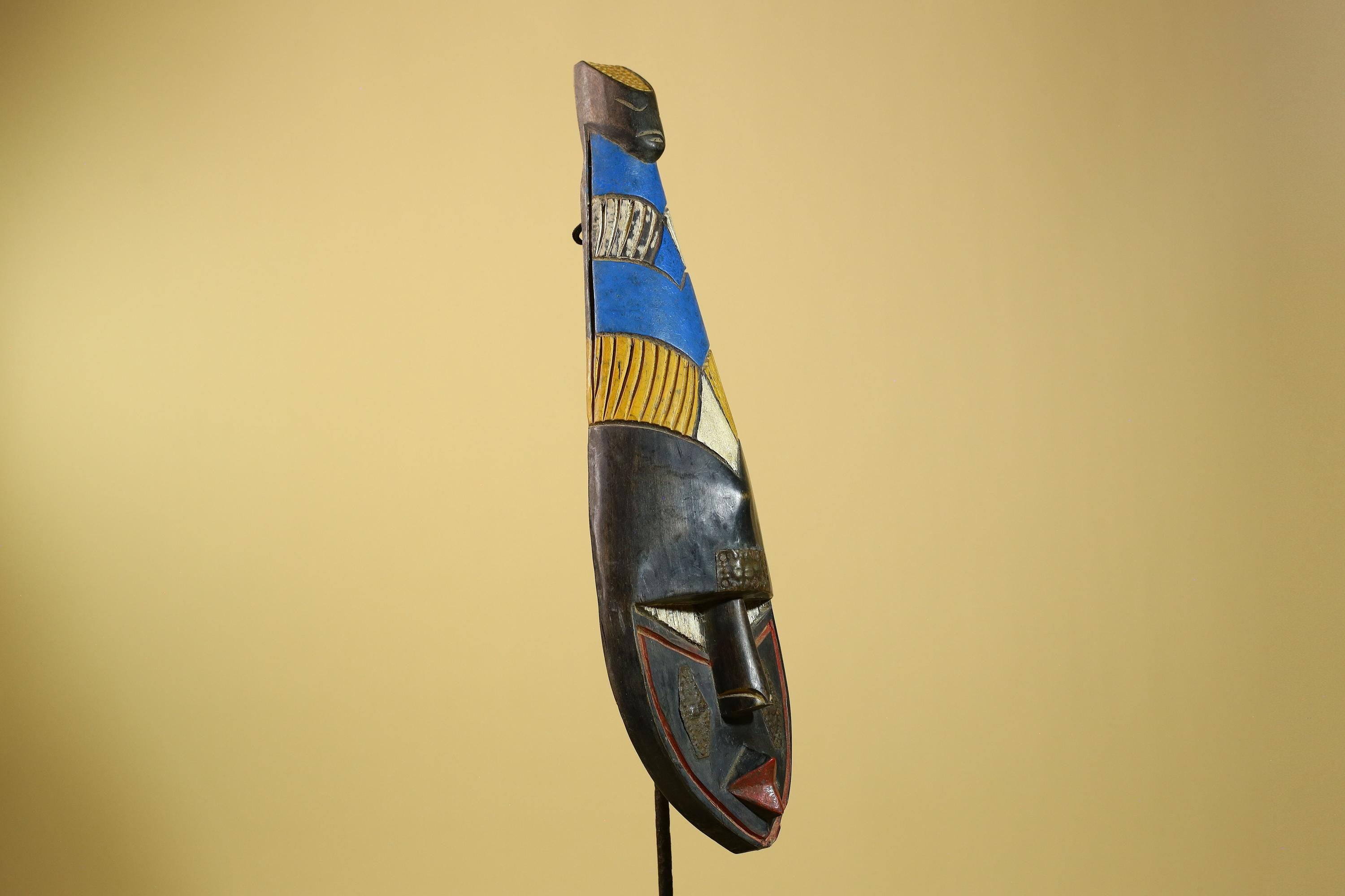African Tribal Mask Carved Wood Blue Yellow Panels West Africa Art Decor-G5963
