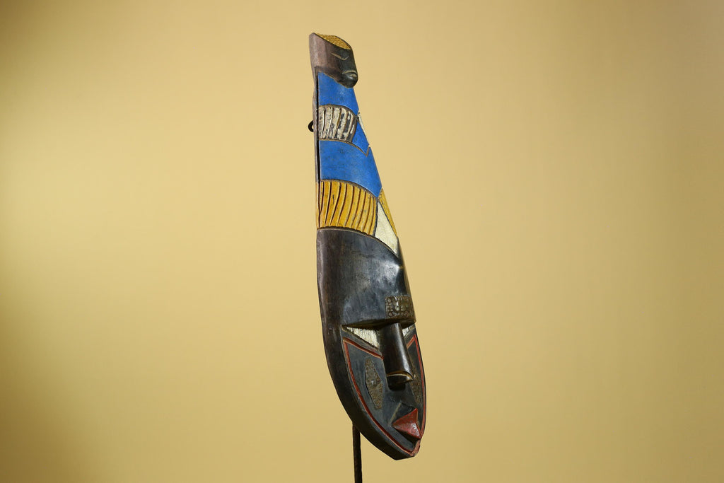 African Tribal Mask Carved Wood Blue Yellow Panels West Africa Art Decor-G5963