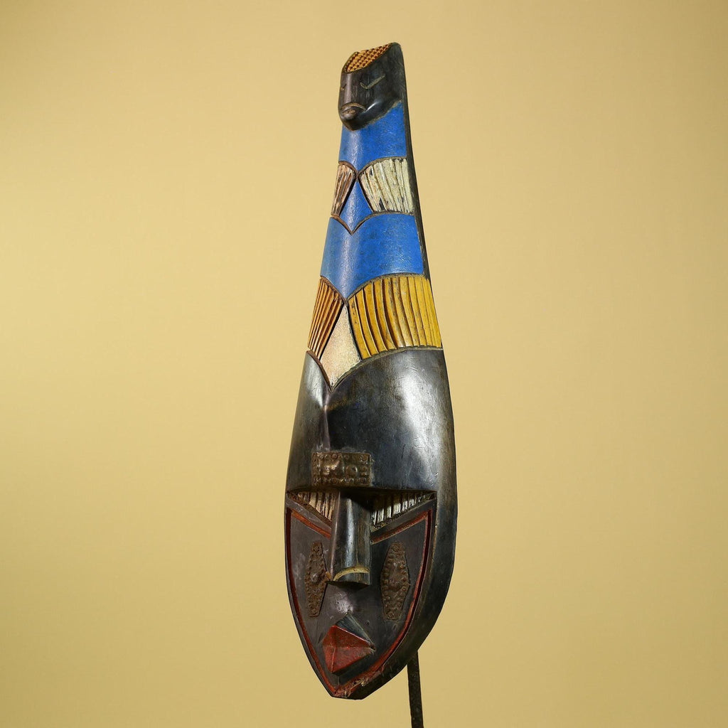 African Tribal Mask Carved Wood Blue Yellow Panels West Africa Art Decor-G5963