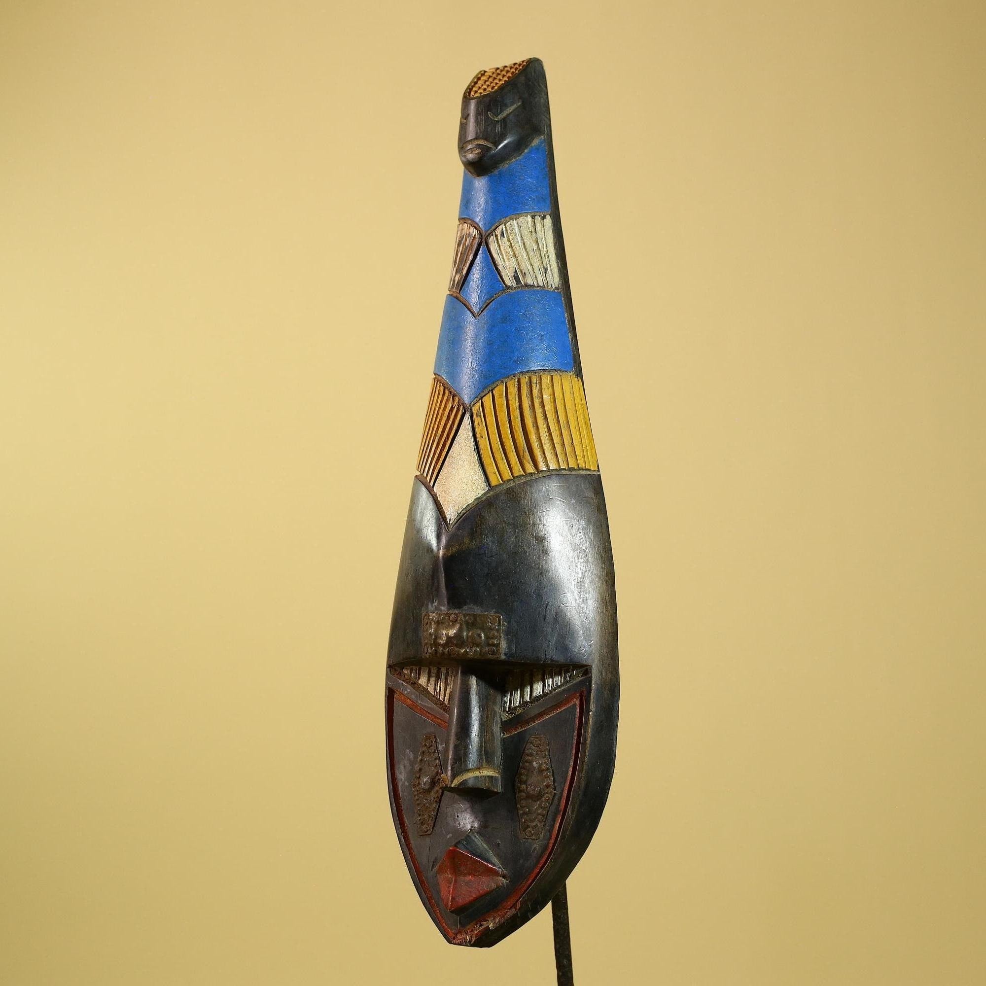 African Tribal Mask Carved Wood Blue Yellow Panels West Africa Art Decor-G5963