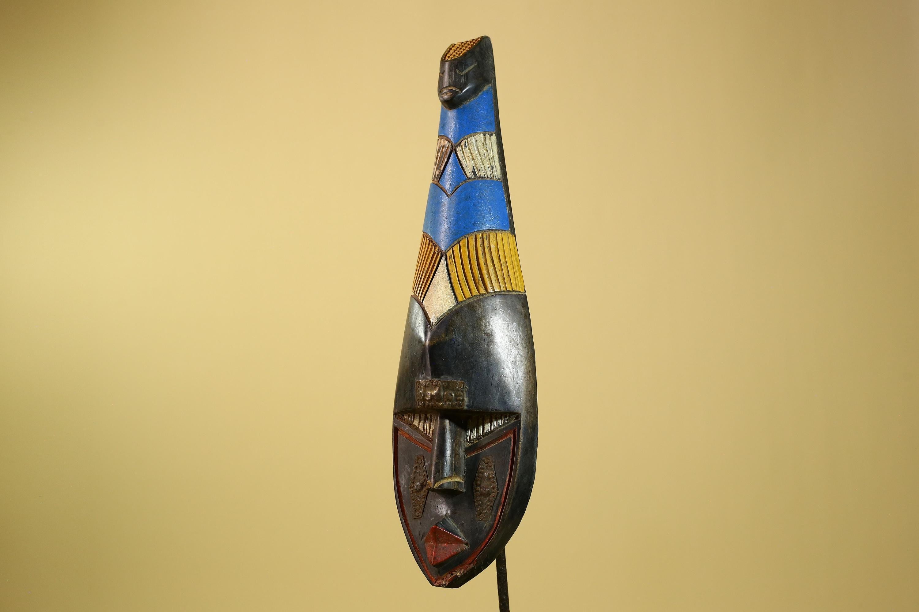African Tribal Mask Carved Wood Blue Yellow Panels West Africa Art Decor-G5963
