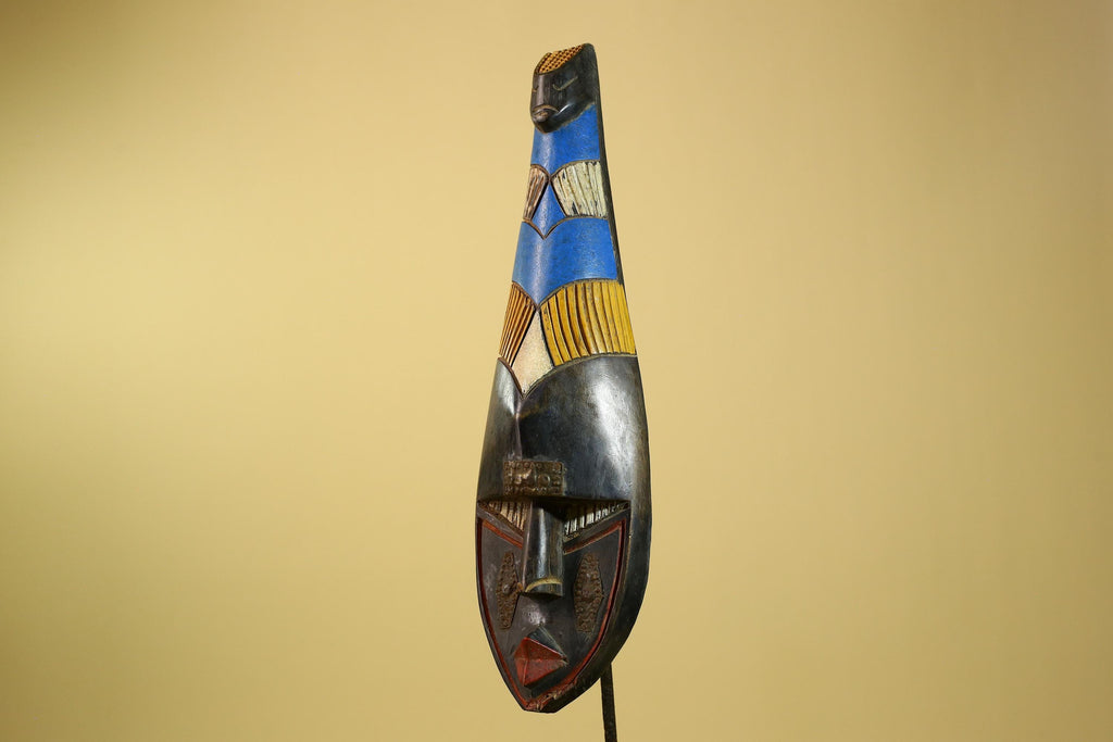 African Tribal Mask Carved Wood Blue Yellow Panels West Africa Art Decor-G5963
