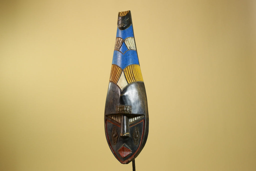 African Tribal Mask Carved Wood Blue Yellow Panels West Africa Art Decor-G5963