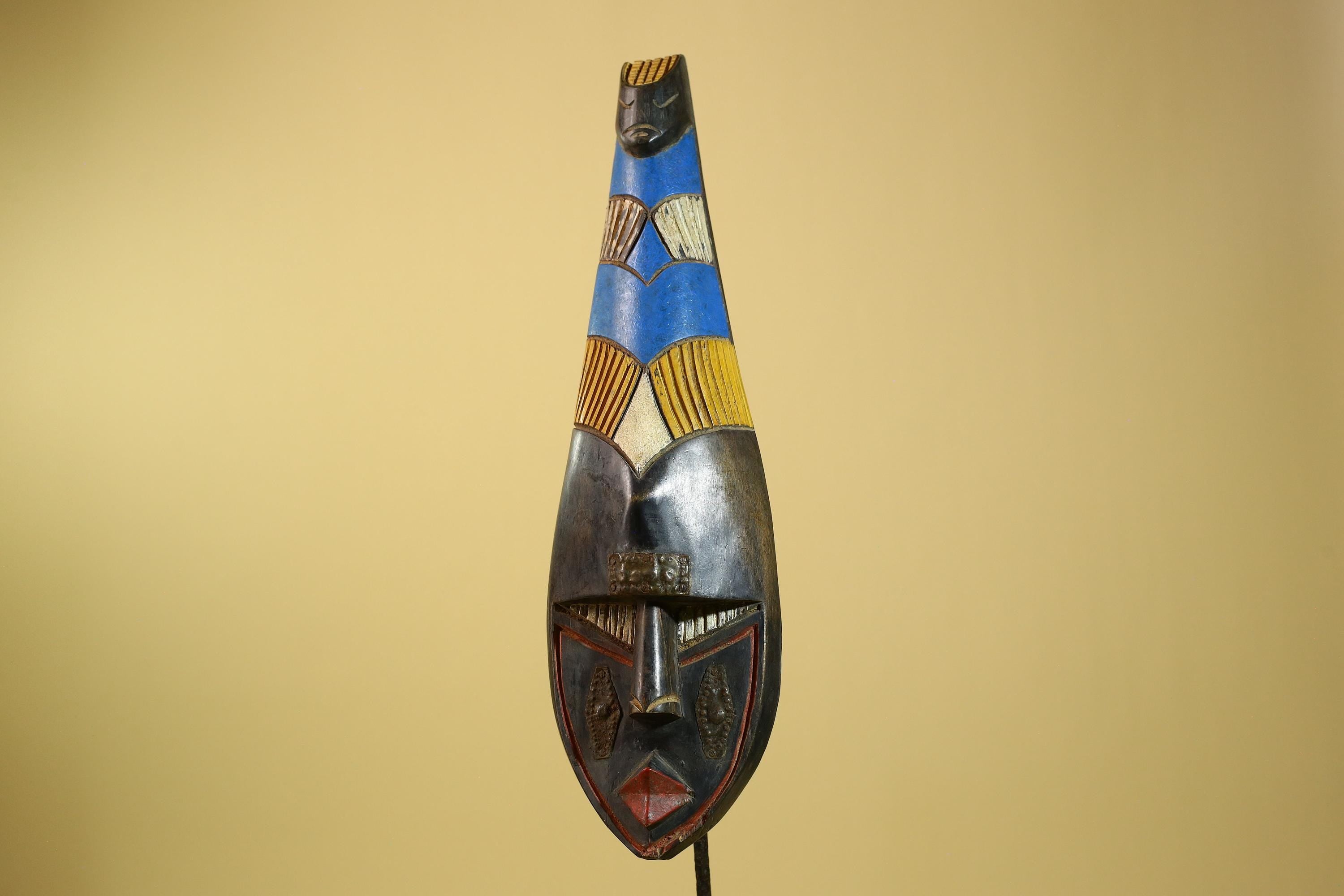 African Tribal Mask Carved Wood Blue Yellow Panels West Africa Art Decor-G5963