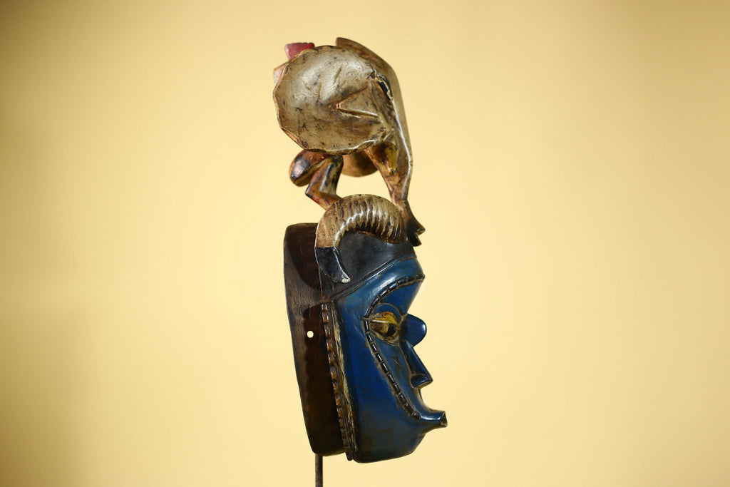 Handmade Guro Tribal Art Blue Face Decor with Elephant & Horn Accents-G6066