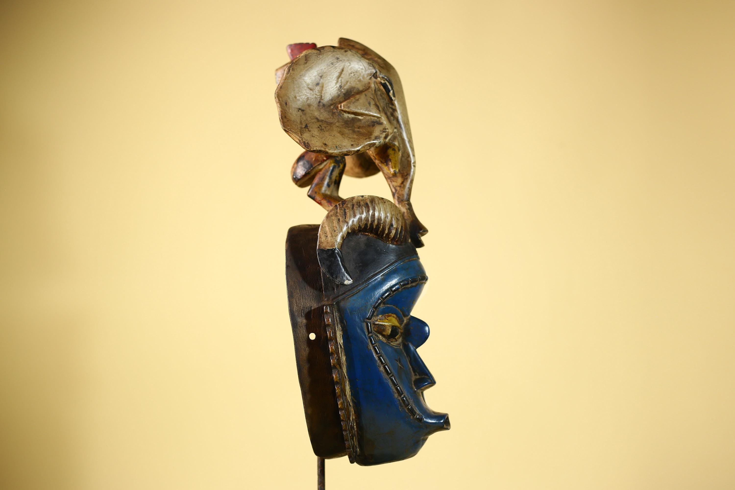 Handmade Guro Tribal Art Blue Face Decor with Elephant & Horn Accents-G6066