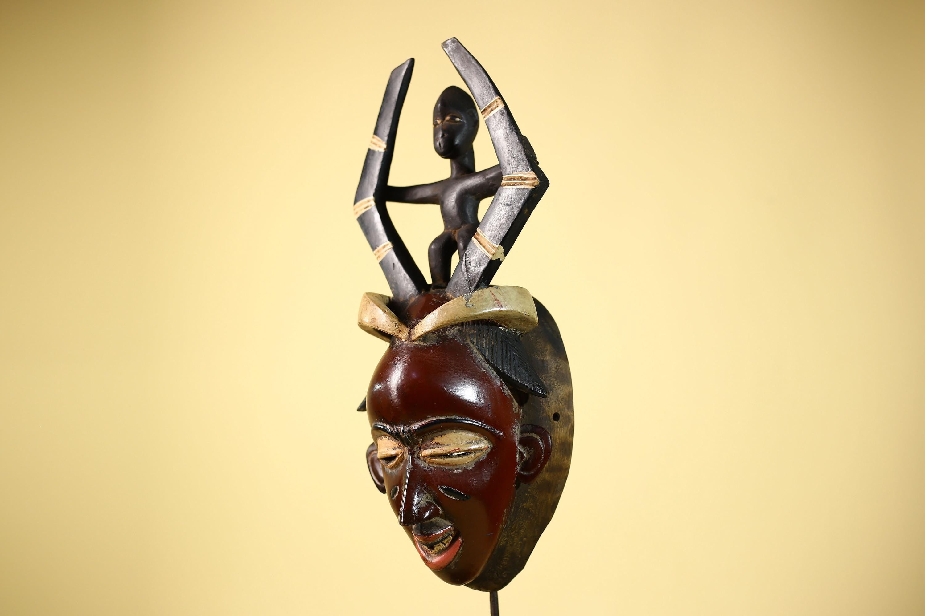 Handmade Guro Tribal Mask with Figure Horns Vintage African Wood Decor-G6067
