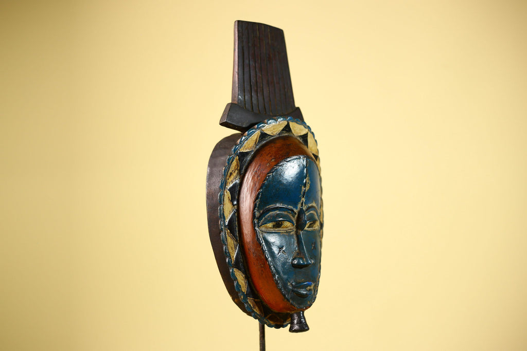 African Handmade Baule Spirit Mask Carved Wall Art Blue Red Tribal Decor-G6072