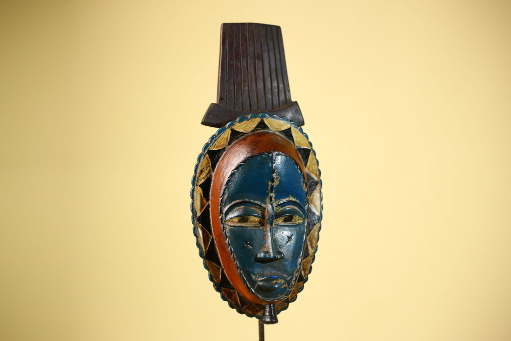 African Handmade Baule Spirit Mask Carved Wall Art Blue Red Tribal Decor-G6072