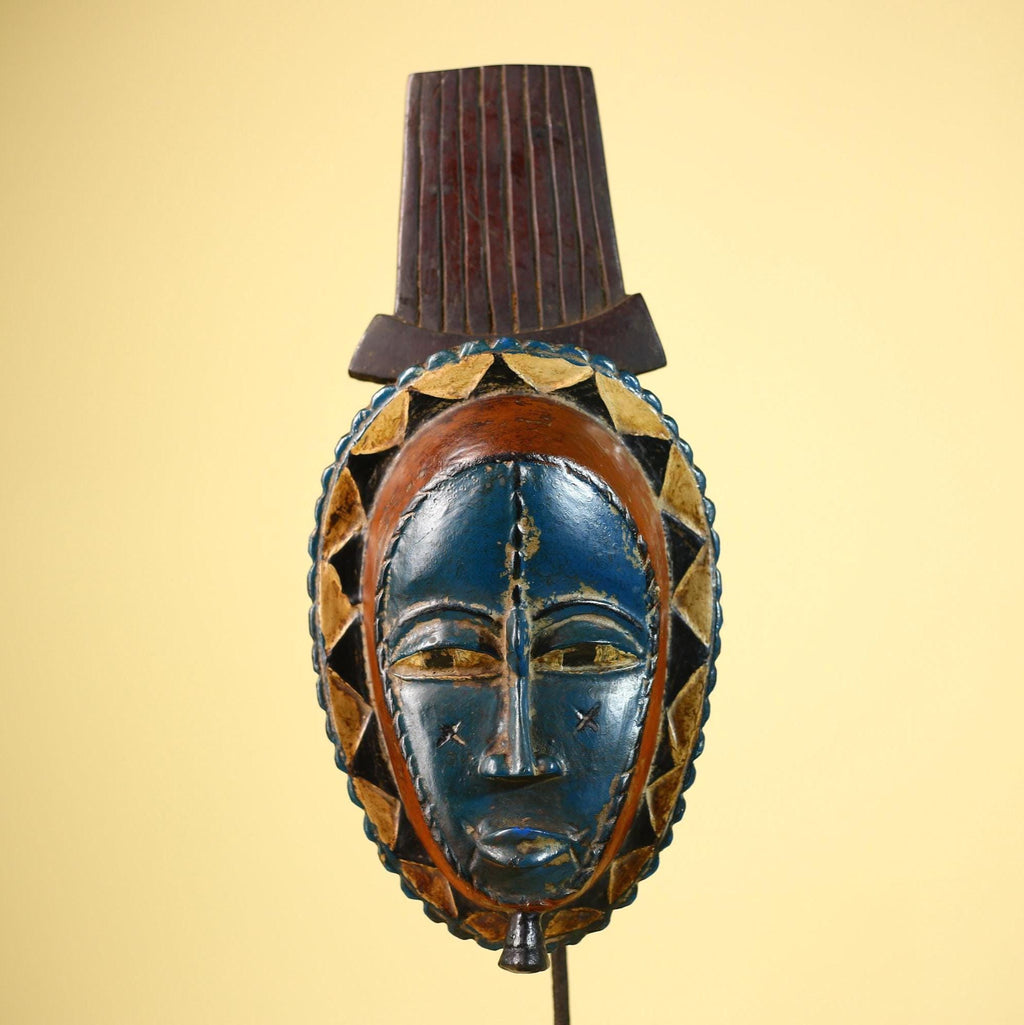 African Handmade Baule Spirit Mask Carved Wall Art Blue Red Tribal Decor-G6072