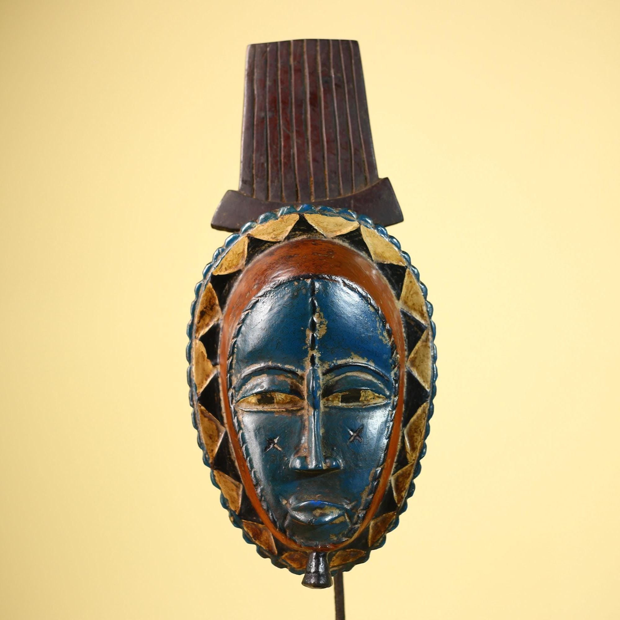 African Handmade Baule Spirit Mask Carved Wall Art Blue Red Tribal Decor-G6072