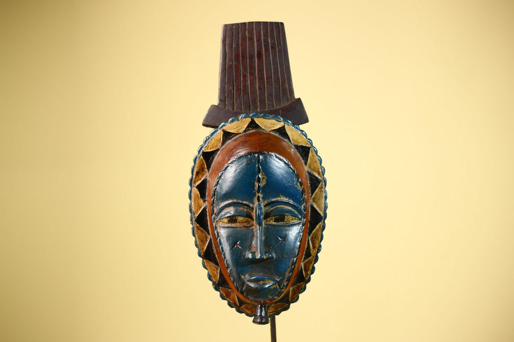 African Handmade Baule Spirit Mask Carved Wall Art Blue Red Tribal Decor-G6072