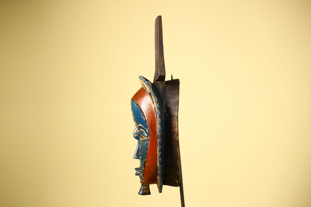 African Handmade Baule Spirit Mask Carved Wall Art Blue Red Tribal Decor-G6072