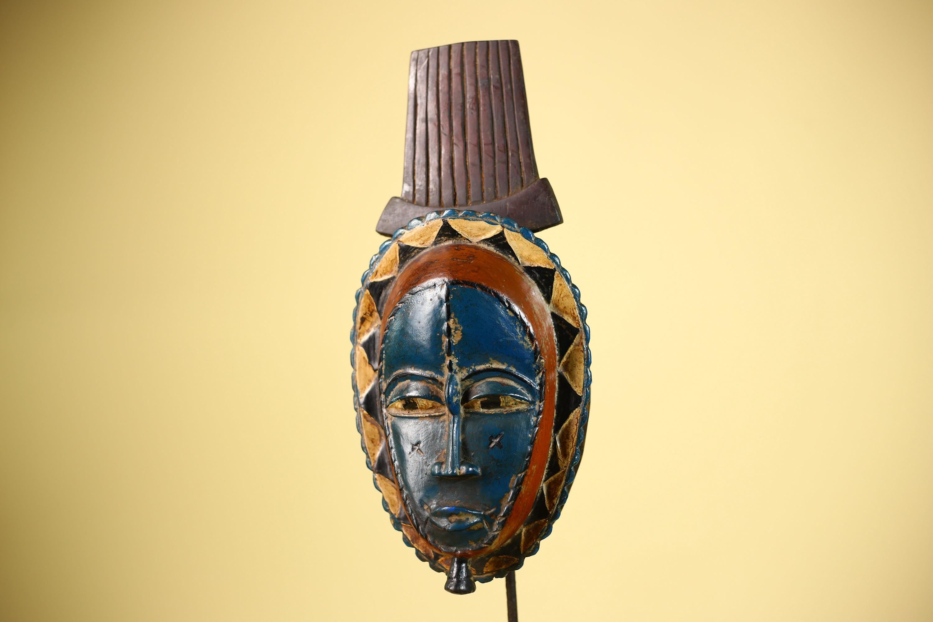 African Handmade Baule Spirit Mask Carved Wall Art Blue Red Tribal Decor-G6072