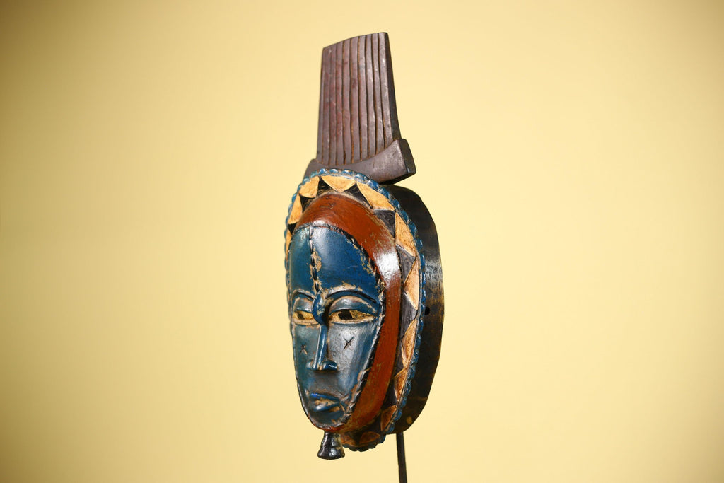 African Handmade Baule Spirit Mask Carved Wall Art Blue Red Tribal Decor-G6072