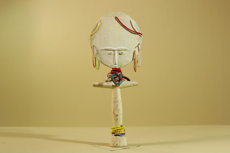 African White Akuaba Statue Carved Wood Beaded Ghana Tribal Fertility Art-G5973