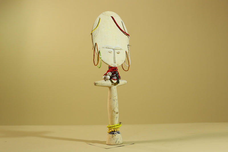 African White Akuaba Statue Carved Wood Beaded Ghana Tribal Fertility Art-G5973