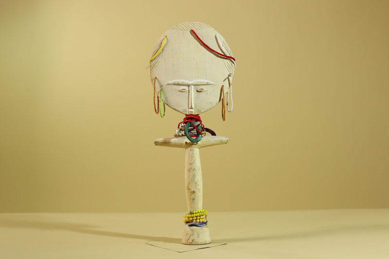 African White Akuaba Statue Carved Wood Beaded Ghana Tribal Fertility Art-G5973