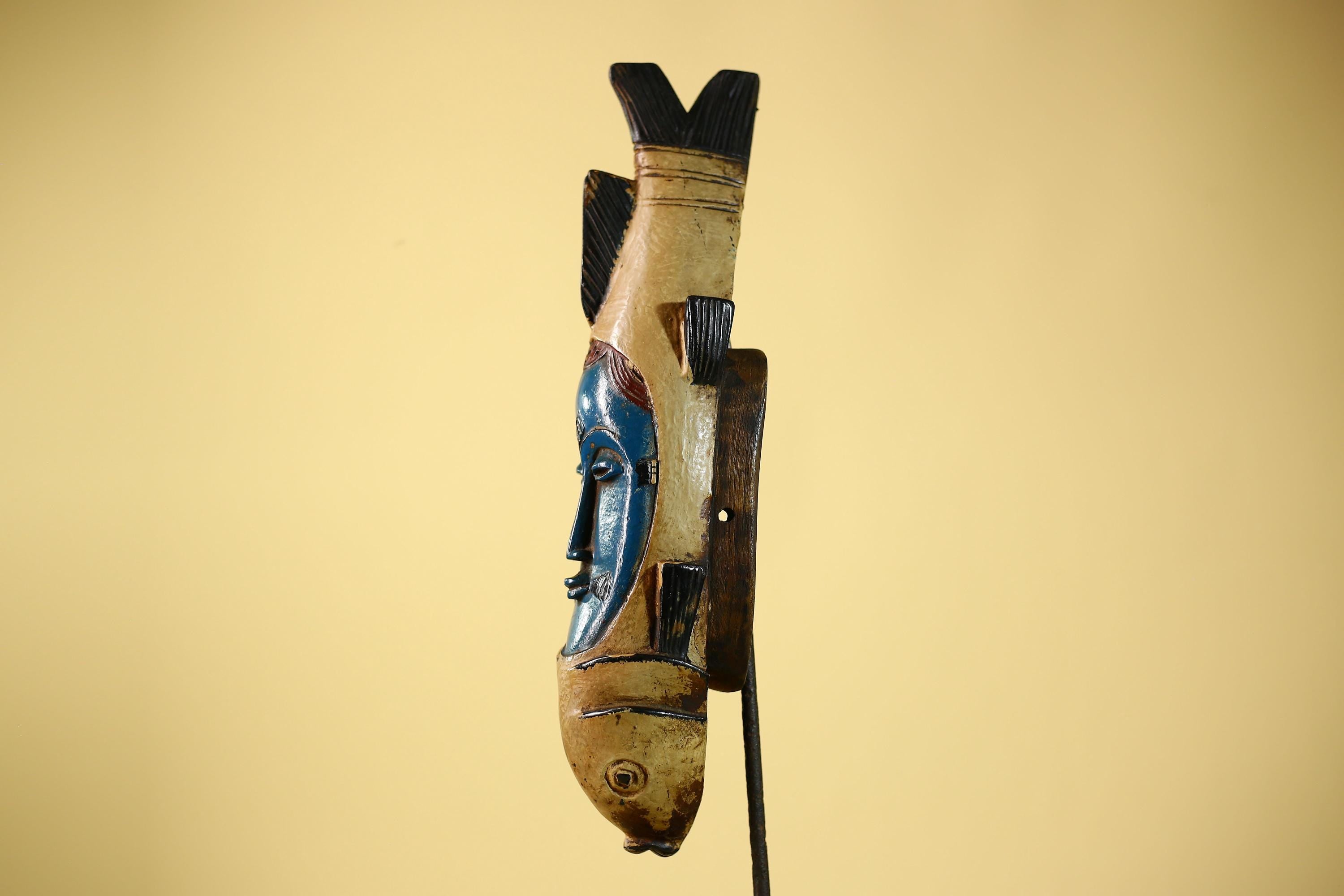 African mask Baule fish totem wooden tribal mask wall art vintage decor-G6077