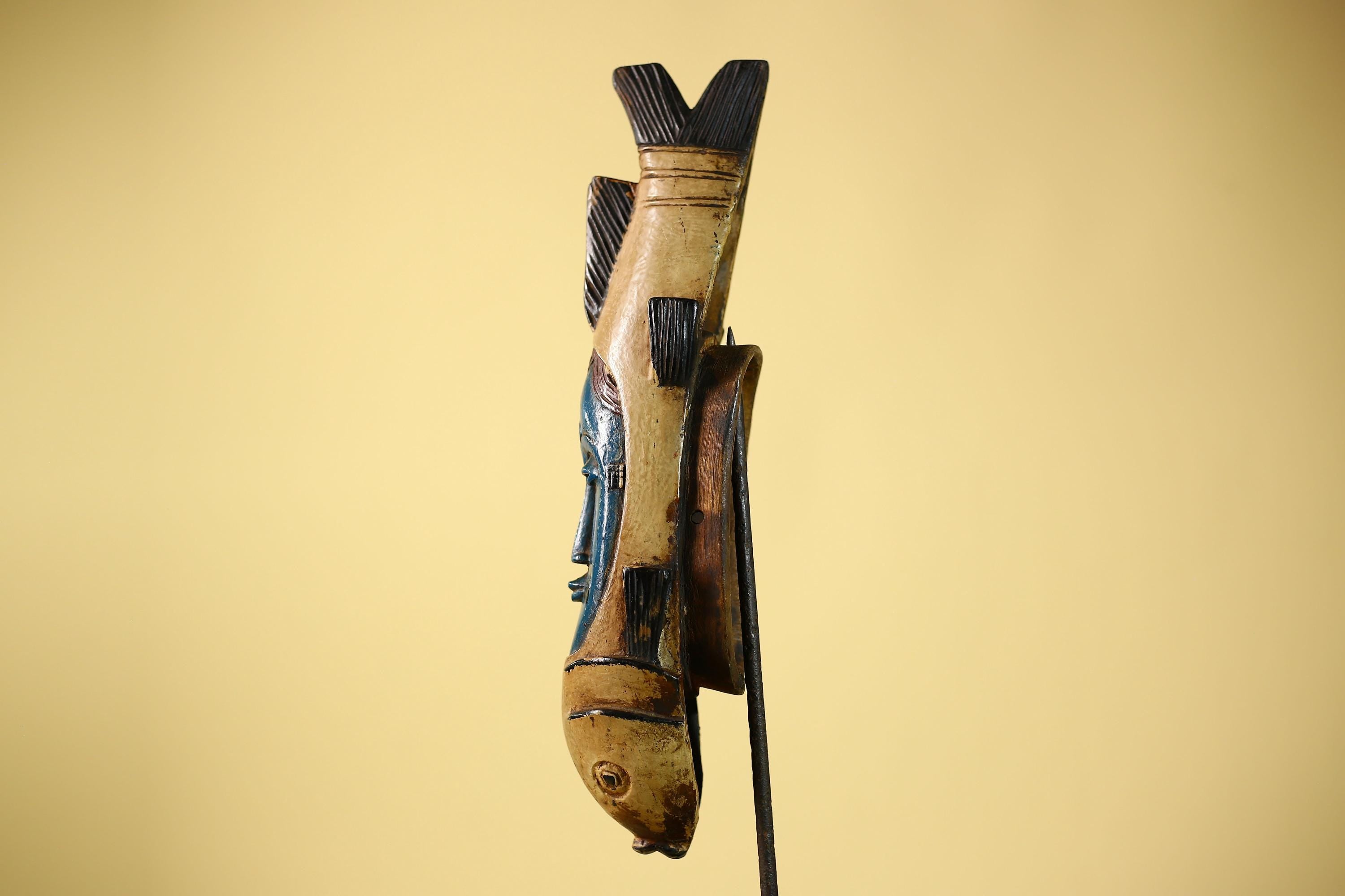 African mask Baule fish totem wooden tribal mask wall art vintage decor-G6077