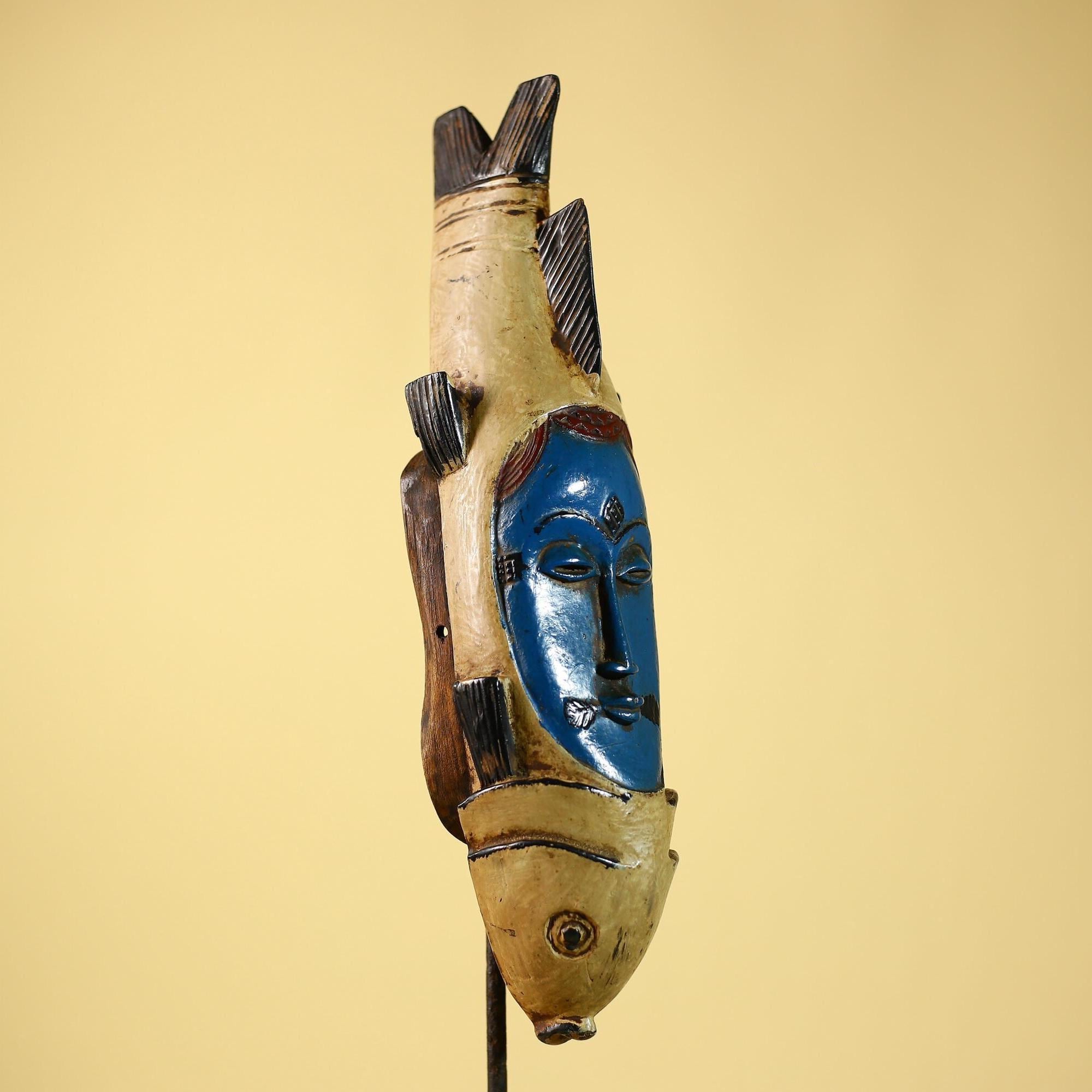 African mask Baule fish totem wooden tribal mask wall art vintage decor-G6077