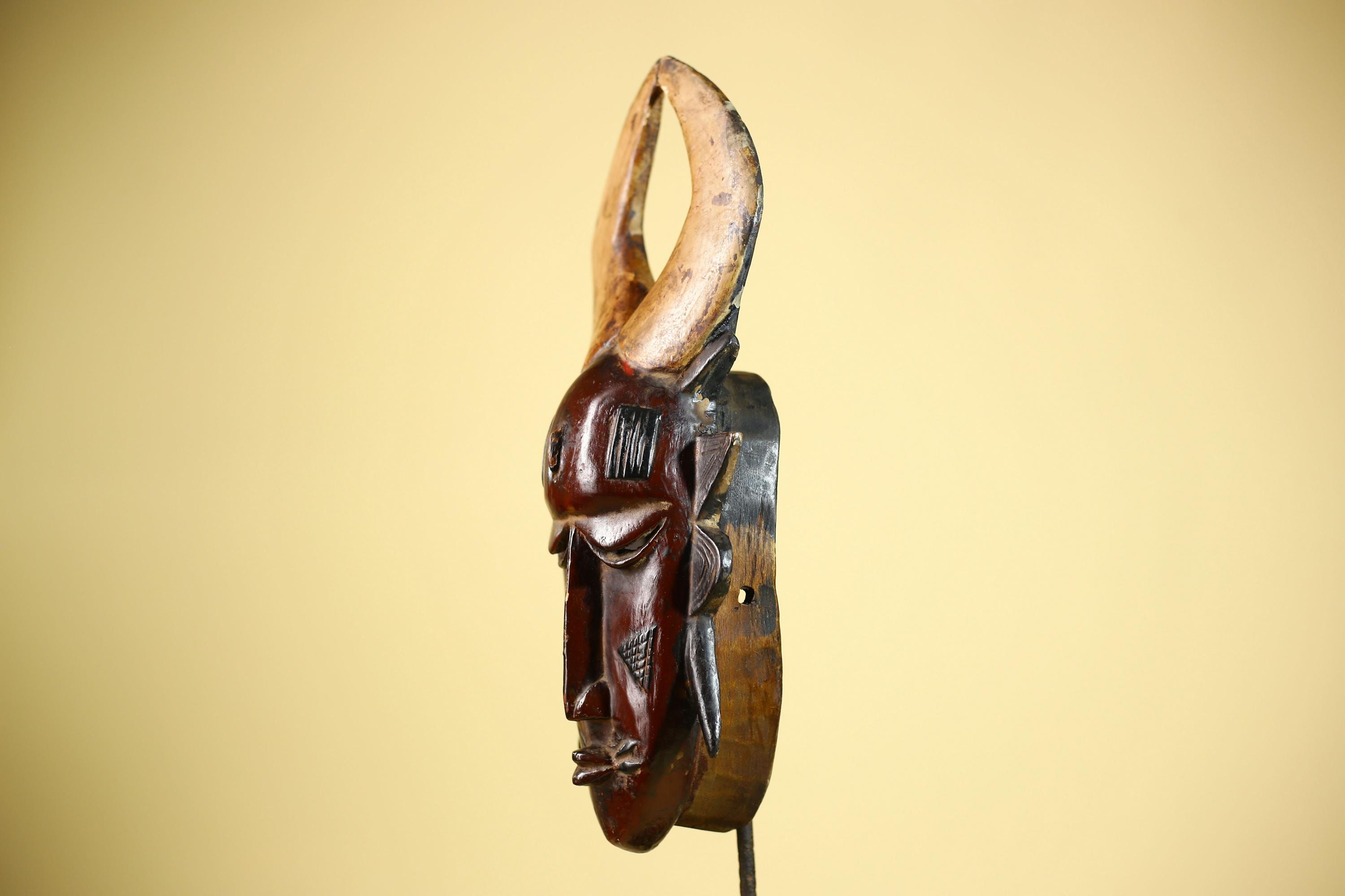 African Mask Guro Horned Vintage Tribal Art Handmade Wooden Wall Display-G6080