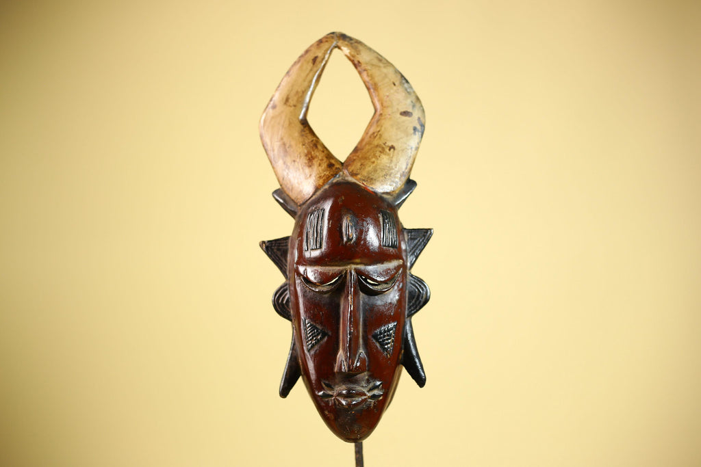 African Mask Guro Horned Vintage Tribal Art Handmade Wooden Wall Display-G6080
