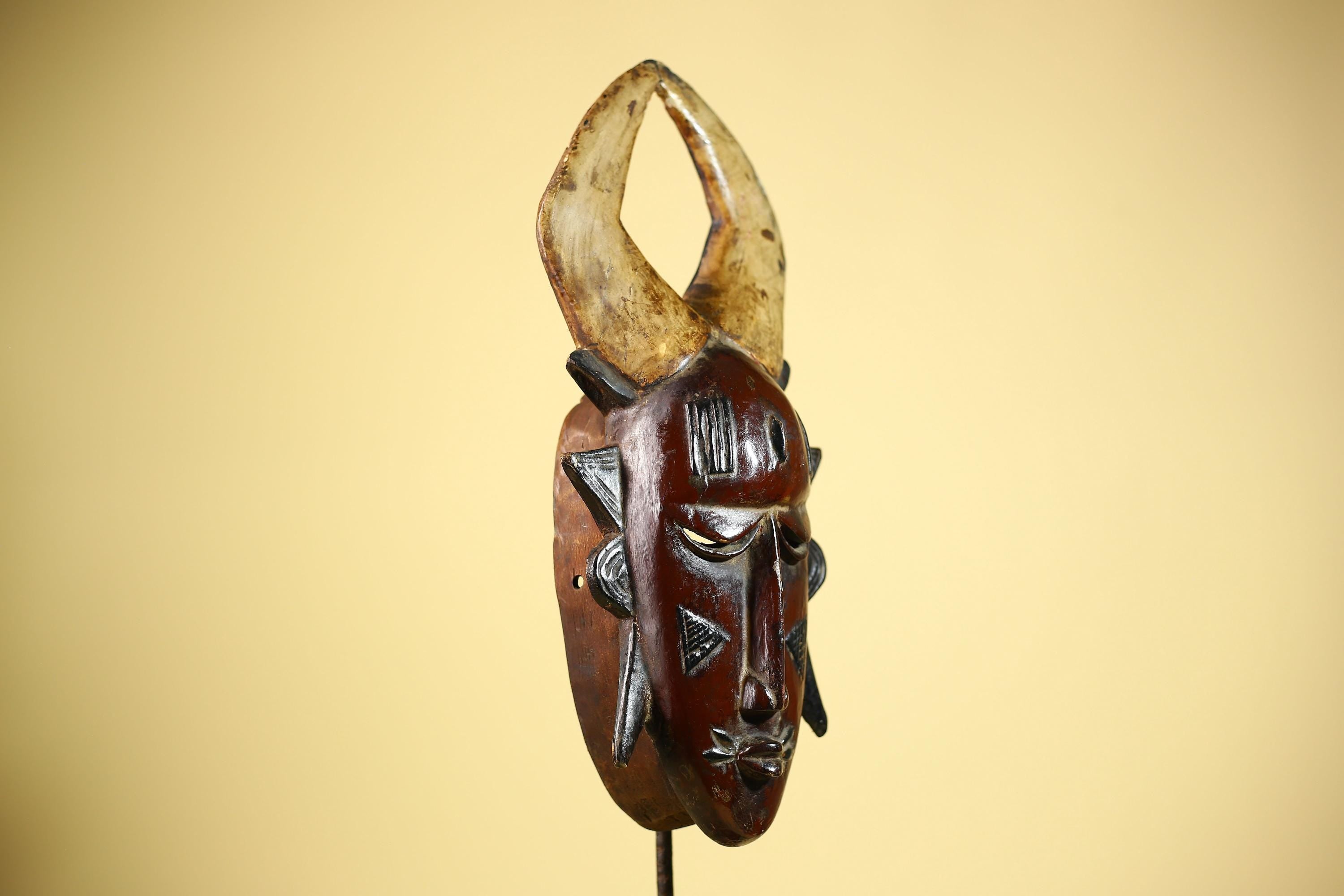 African Mask Guro Horned Vintage Tribal Art Handmade Wooden Wall Display-G6080