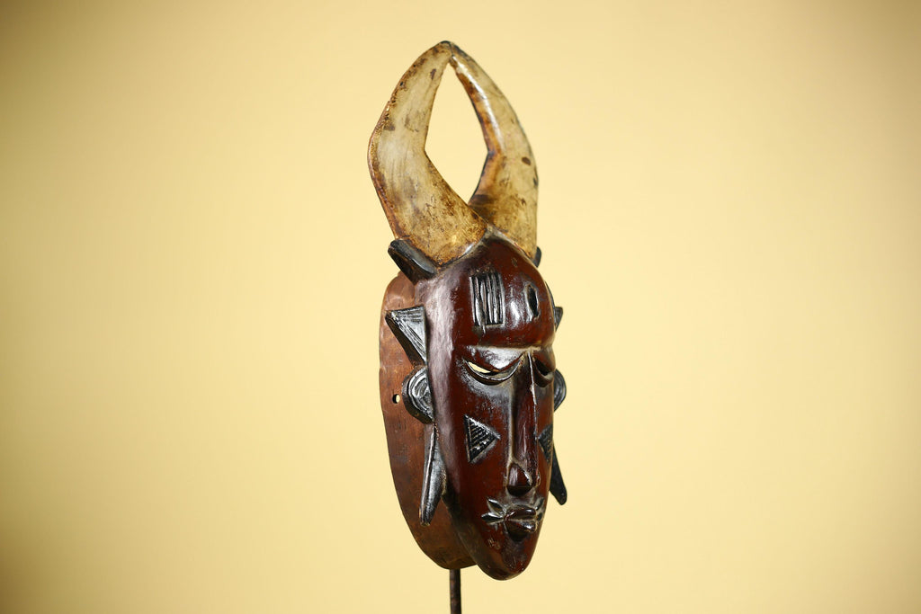African Mask Guro Horned Vintage Tribal Art Handmade Wooden Wall Display-G6080