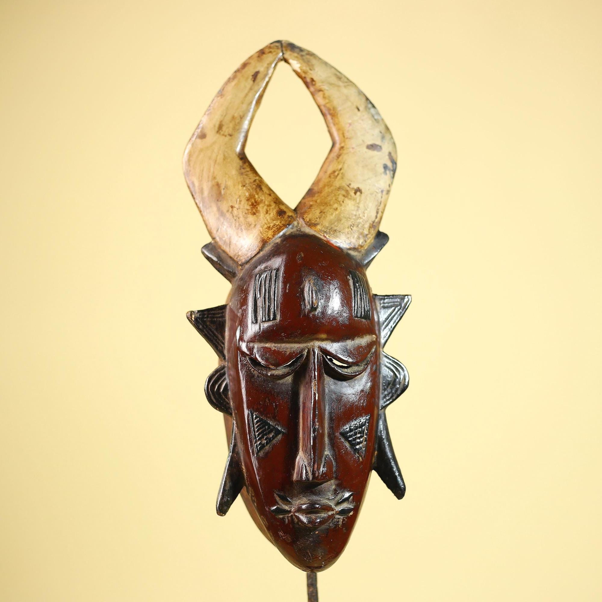 African Mask Guro Horned Vintage Tribal Art Handmade Wooden Wall Display-G6080