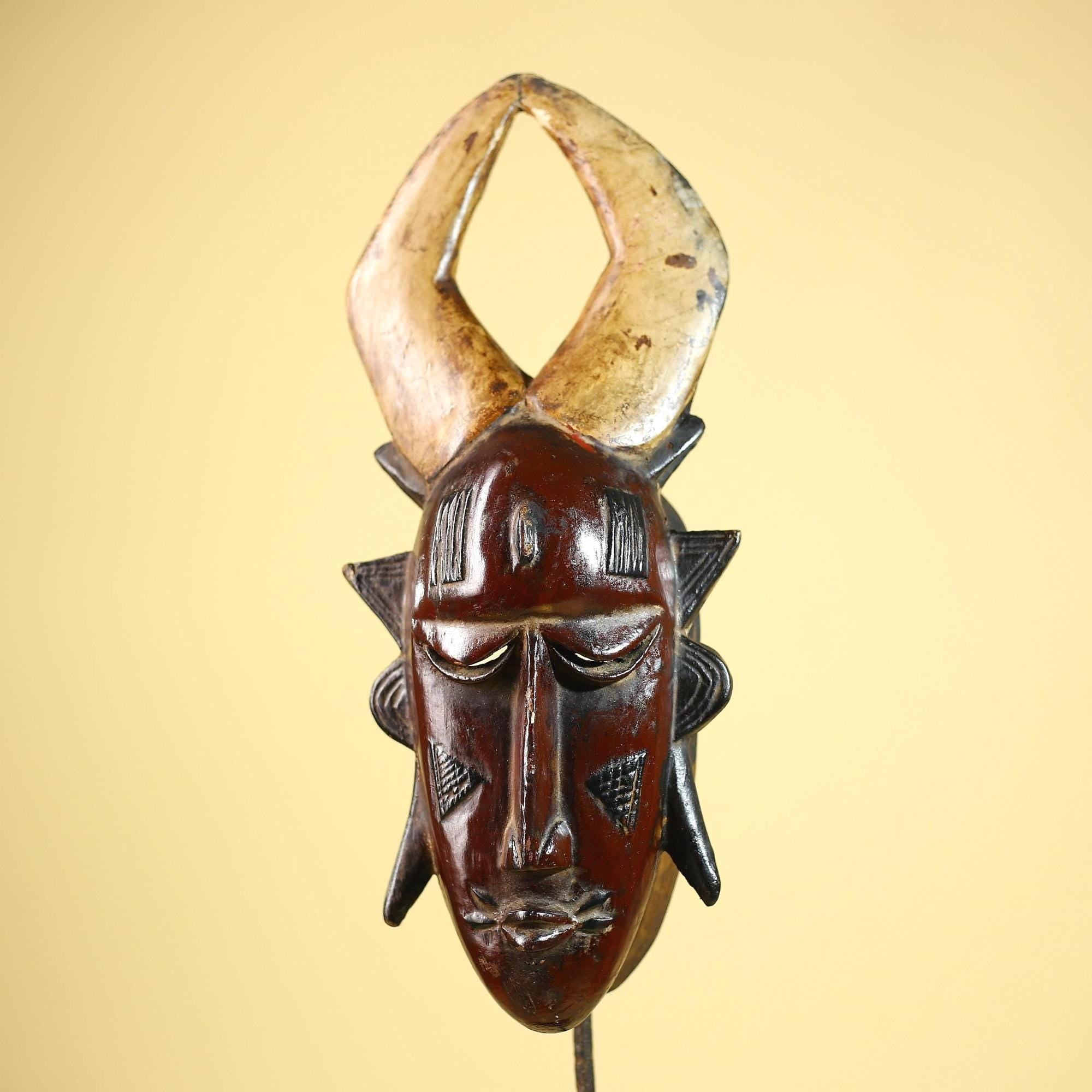 African Mask Guro Horned Vintage Tribal Art Handmade Wooden Wall Display-G6080