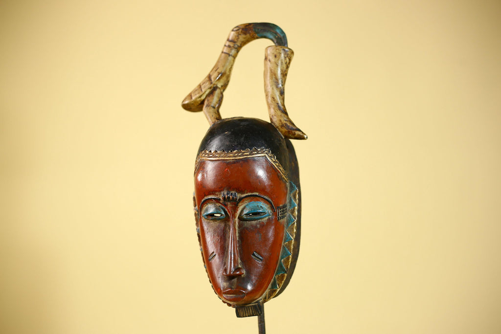 Rare African Mask Baule  Wooden Tribal Art Bird Crest Wall Decor-G6083