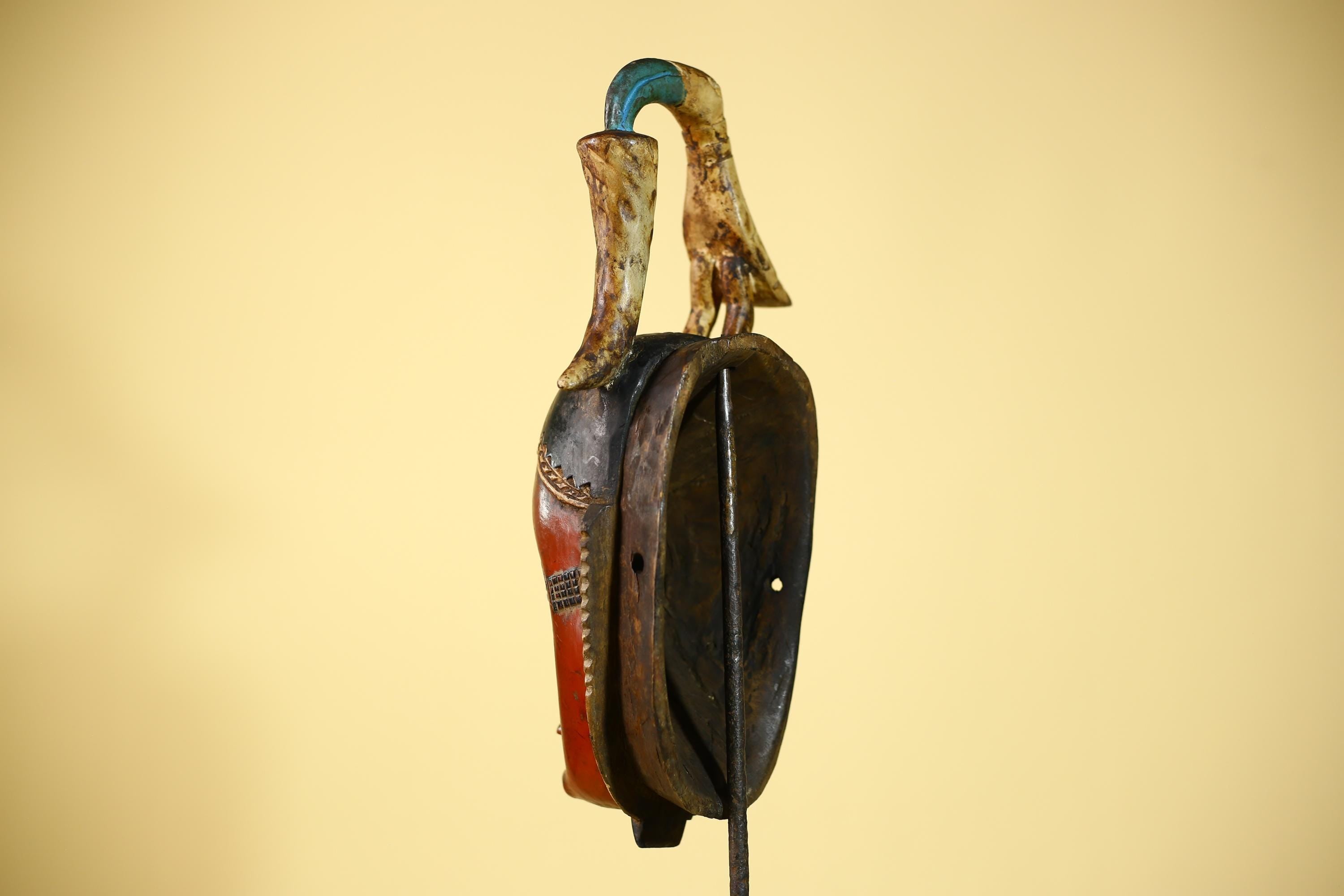 Rare African Mask Baule  Wooden Tribal Art Bird Crest Wall Decor-G6083