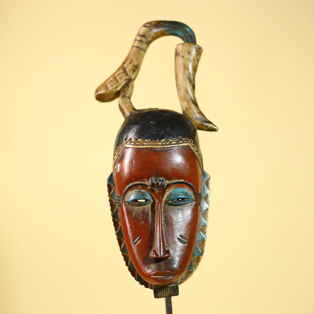 Rare African Mask Baule  Wooden Tribal Art Bird Crest Wall Decor-G6083