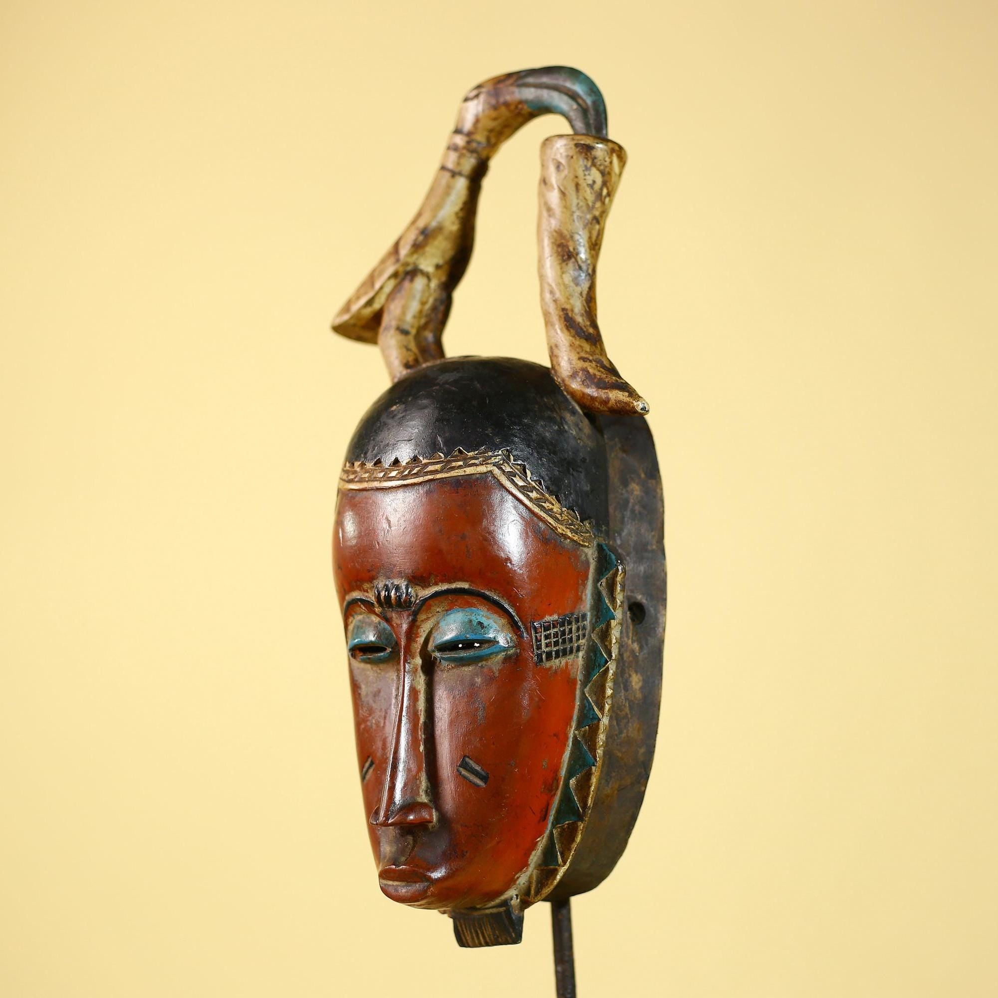 Rare African Mask Baule  Wooden Tribal Art Bird Crest Wall Decor-G6083