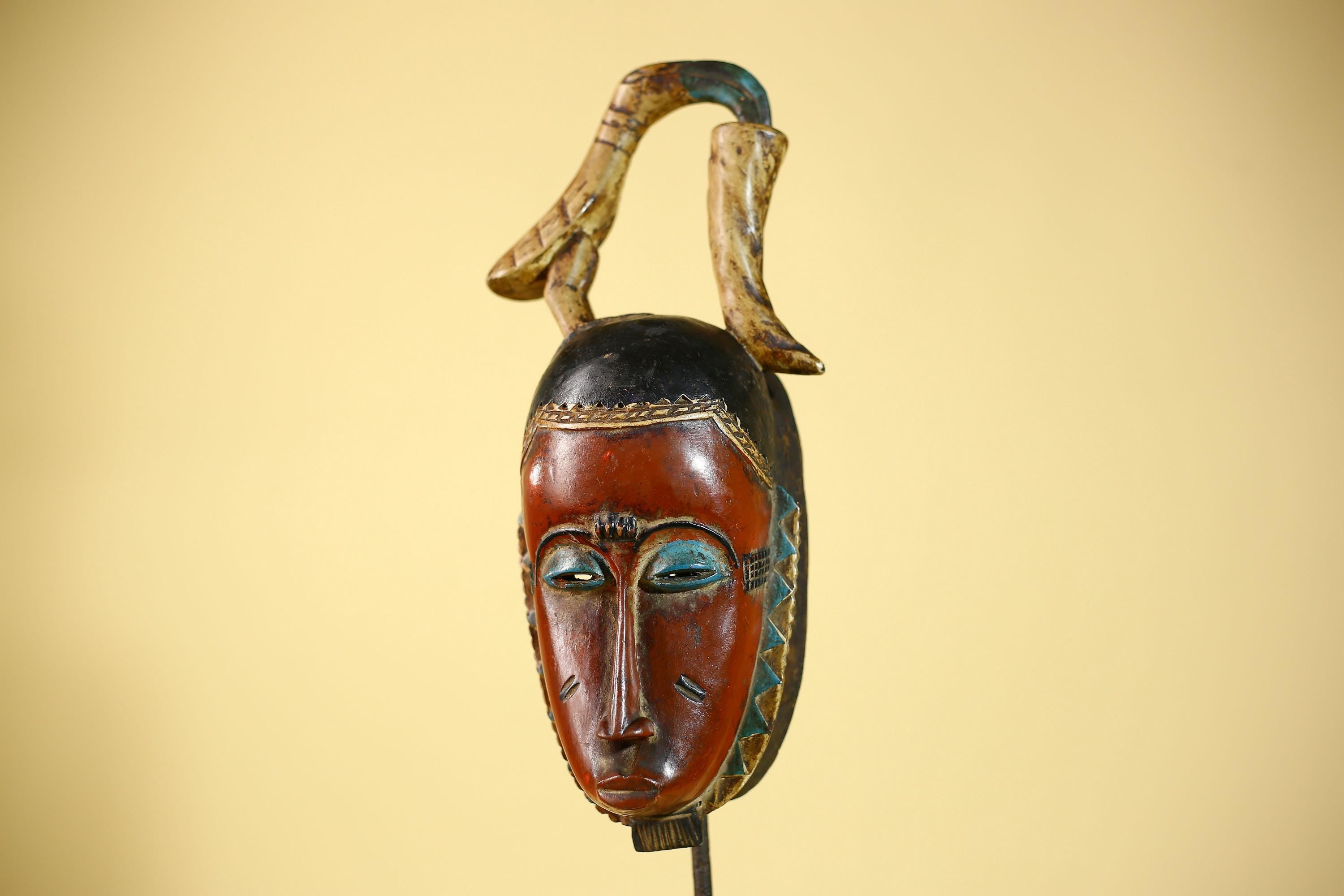 Rare African Mask Baule  Wooden Tribal Art Bird Crest Wall Decor-G6083