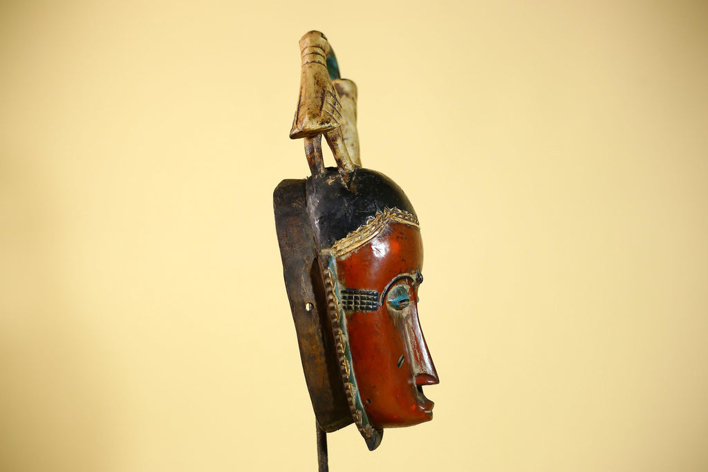 Rare African Mask Baule  Wooden Tribal Art Bird Crest Wall Decor-G6083
