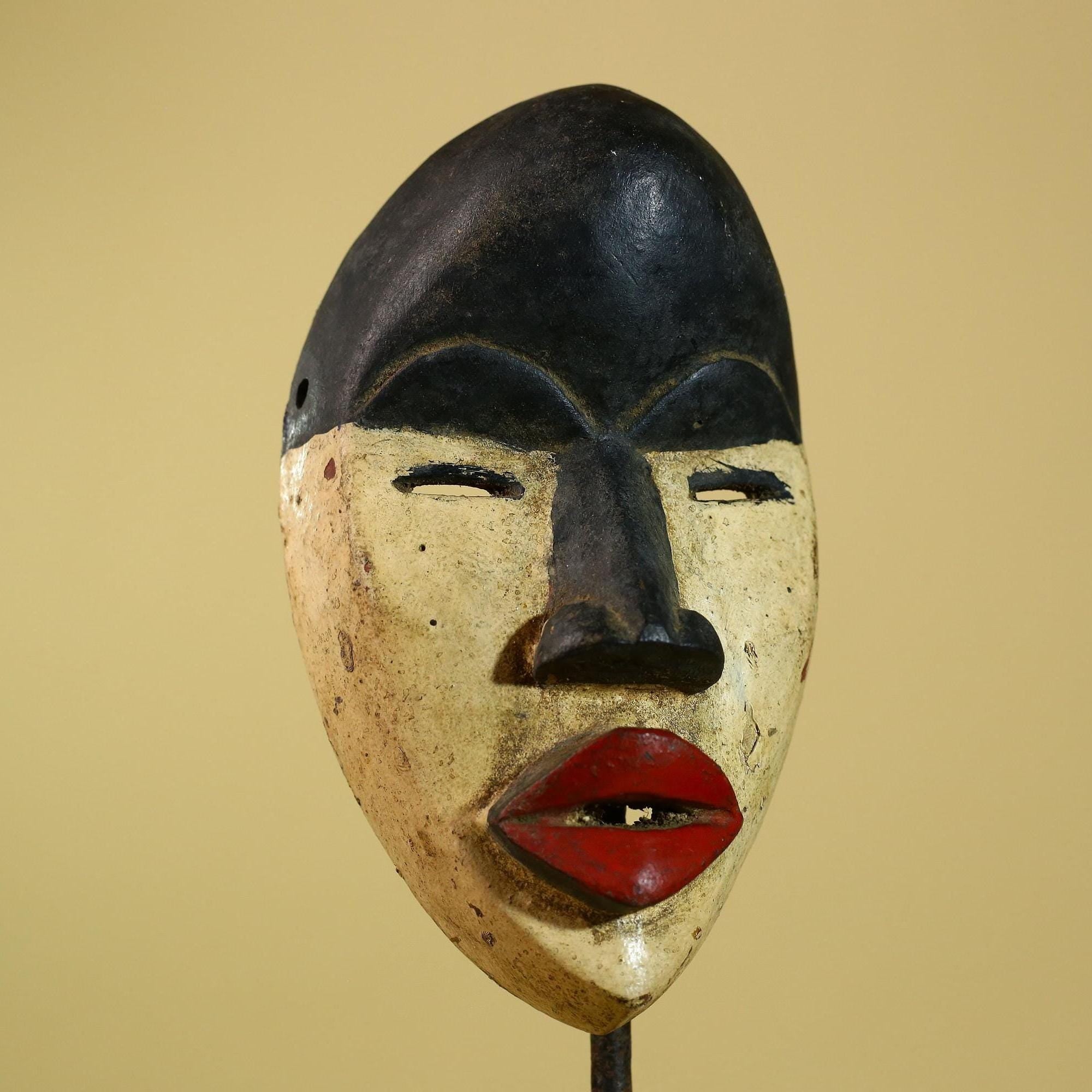 Dan African Mask Wood Carved Black White Face Tribal from Côte d’Ivoire-G5974