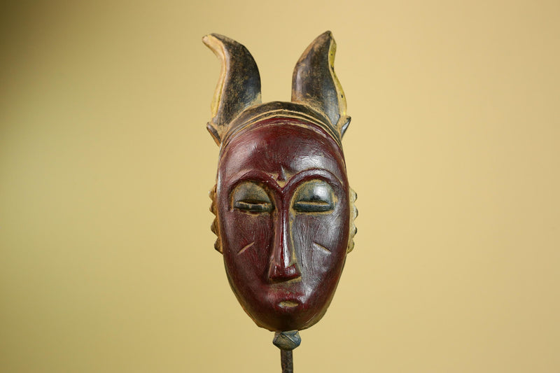 African Baule Mask Carved Wood Red Face Horns Côte d’Ivoire Tribal  Decor-G5976