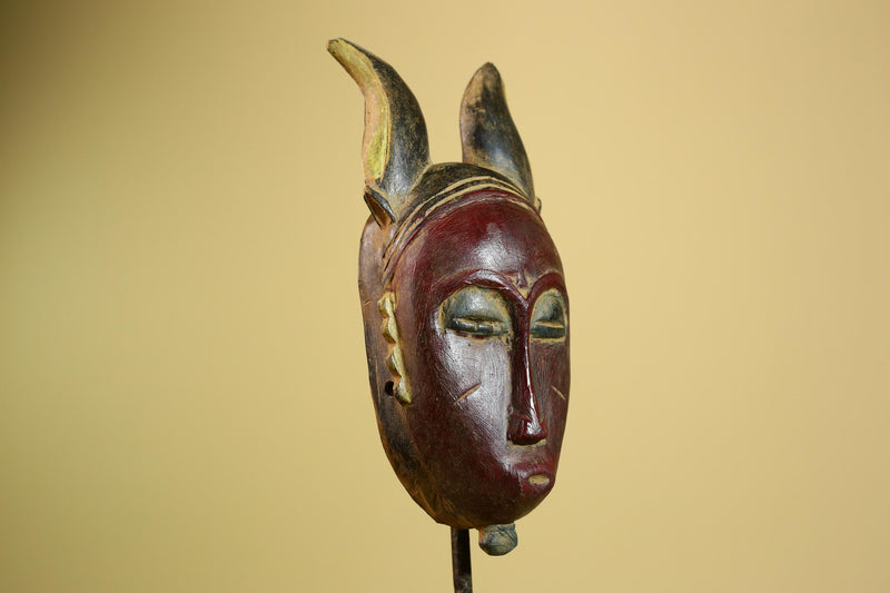 African Baule Mask Carved Wood Red Face Horns Côte d’Ivoire Tribal  Decor-G5976