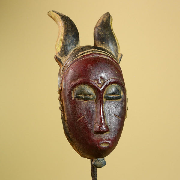 African Baule Mask Carved Wood Red Face Horns Côte d’Ivoire Tribal  Decor-G5976