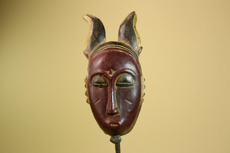 African Baule Mask Carved Wood Red Face Horns Côte d’Ivoire Tribal  Decor-G5976