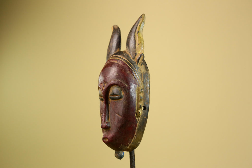 African Baule Mask Carved Wood Red Face Horns Côte d’Ivoire Tribal  Decor-G5976