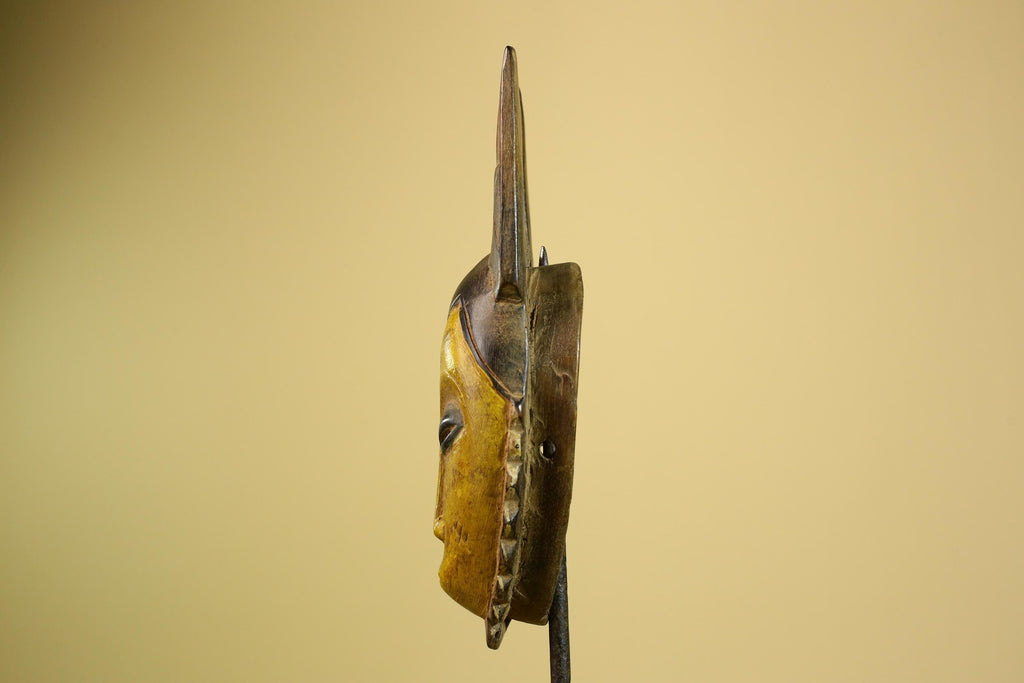 African Baule Mask Carved Wood Yellow Face Horns Côte d’Ivoire Tribal Decor-G5977