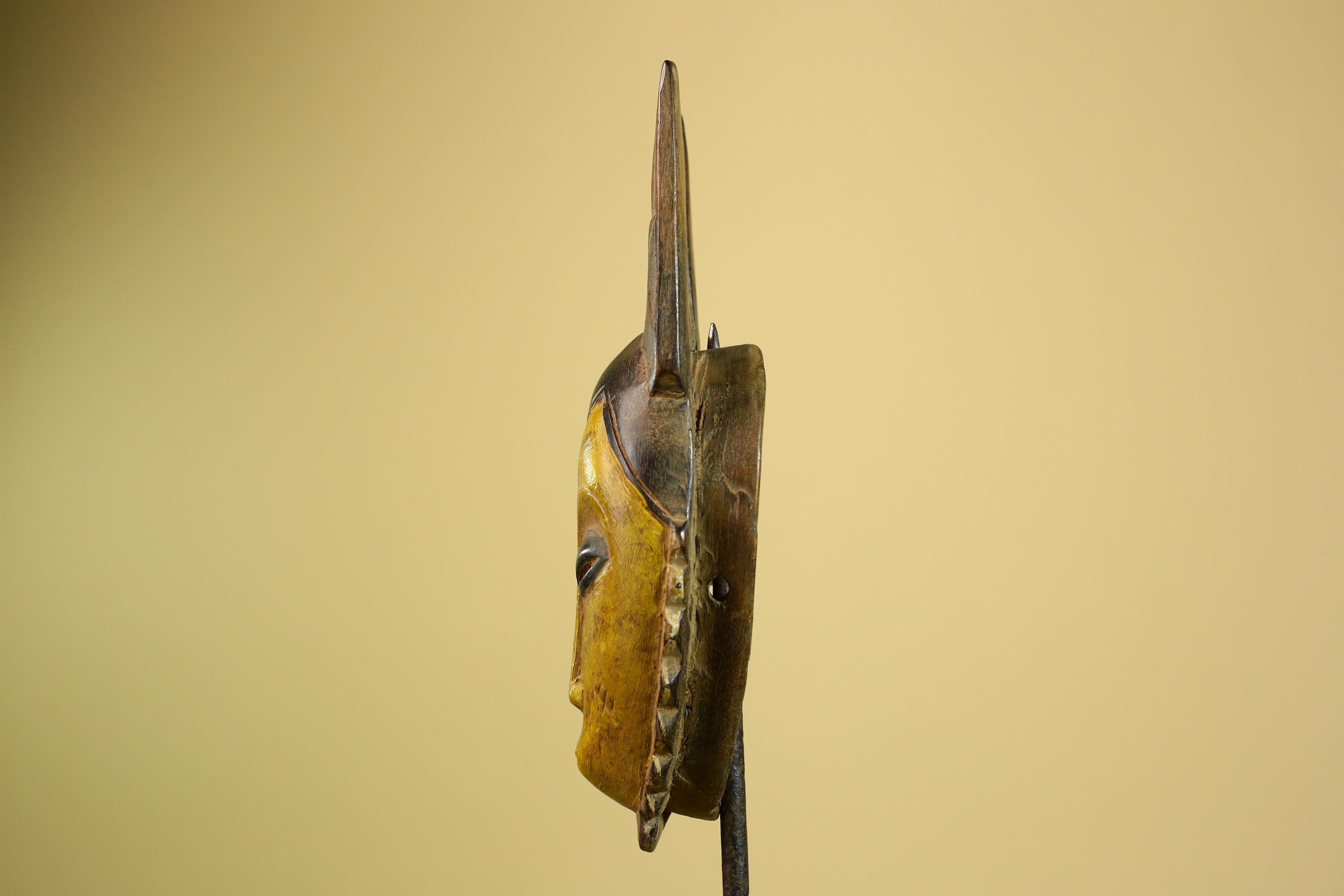 African Baule Mask Carved Wood Yellow Face Horns Côte d’Ivoire Tribal Decor-G5977